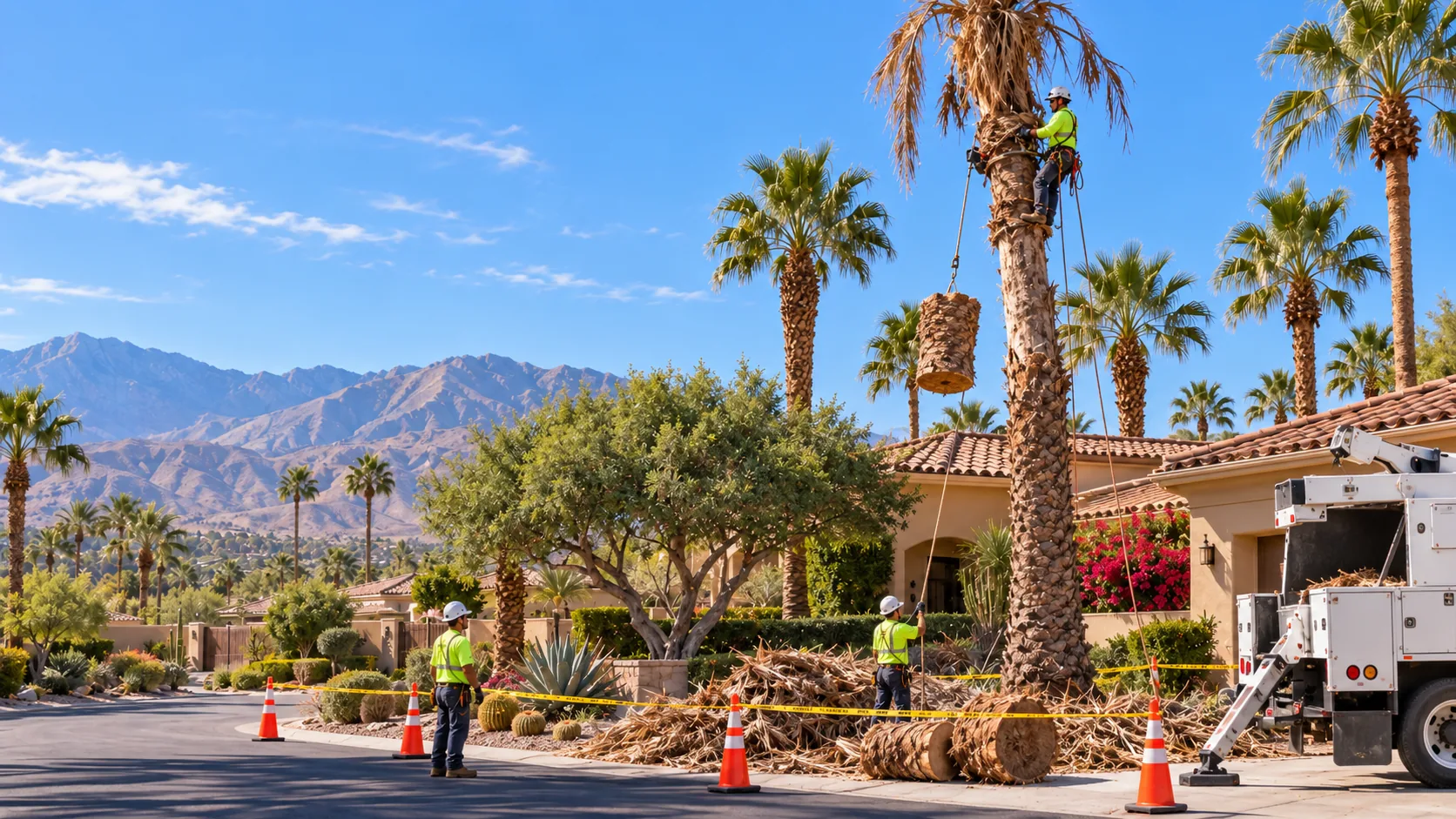 Crew safely removing sections of a tall palm at a desert property