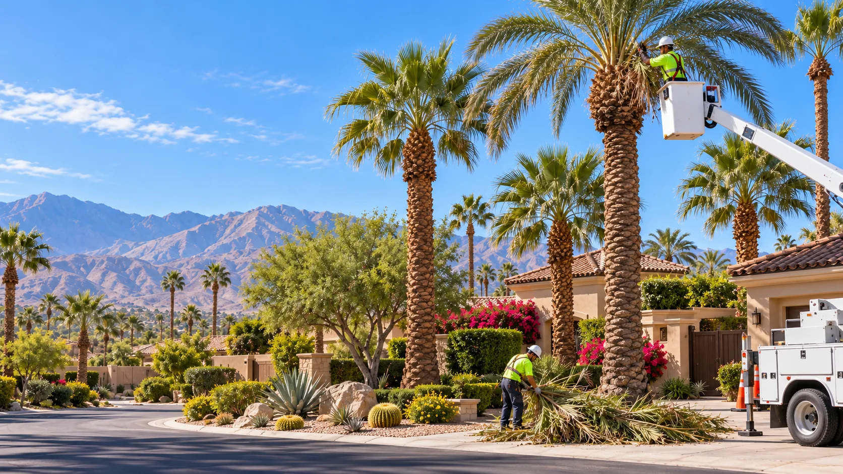 Palm tree trimming crew maintaining tall palms in the Coachella Valley